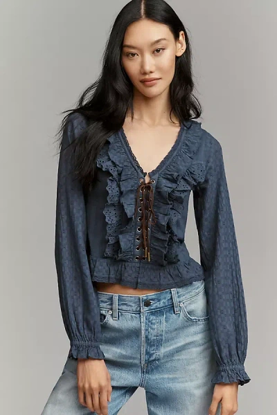 Pilcro Eyelet Ruffle Long-sleeve Blouse In Blue