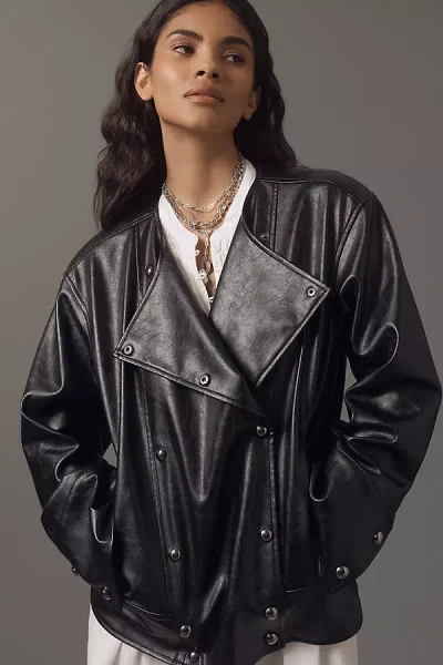Pilcro Faux-leather Asymmetric Snap Moto Jacket In Black