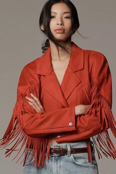 Pilcro Faux-suede Fringe Moto Jacket In Red