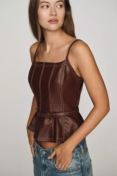 Pilcro Faux-leather Peplum Tank Top In Brown
