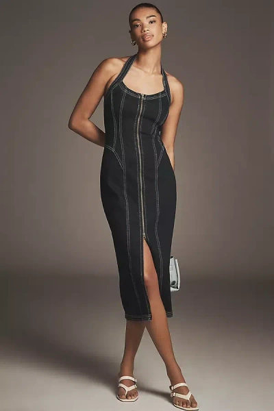 Pilcro Front-zip Halter Denim Midi Dress In Blue