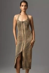 Pilcro Front-zip Halter Denim Midi Dress In Brown