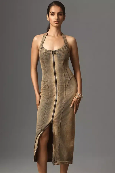 Pilcro Front-zip Halter Denim Midi Dress In Brown
