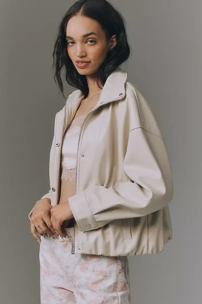 Pilcro Funnel-neck Faux-leather Bomber Jacket In White