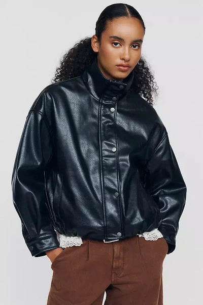 Pilcro Funnel-neck Faux-leather Bomber Jacket In Black