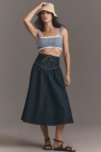 Pilcro Lace-up Drop Waist Denim Midi Skirt In Blue