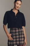 Pilcro Lantern-sleeve Collared Crop Blouse In Black