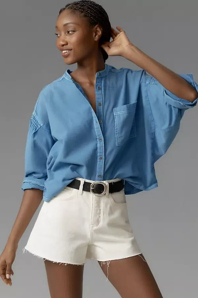 Pilcro Linen Blend Batwing Sailor Embroidered Blouse In Blue
