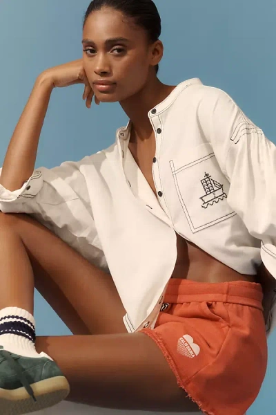 Pilcro Linen Blend Batwing Sailor Embroidered Blouse In White