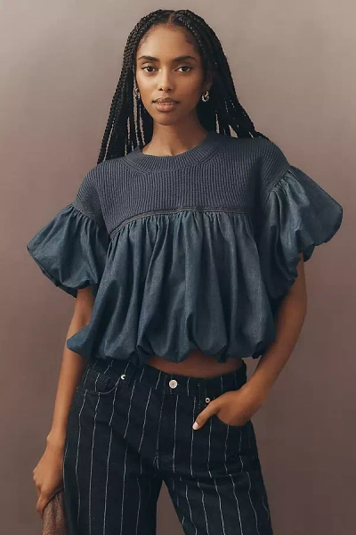 Pilcro Linen Blend Short-sleeve Bubble Top In Blue