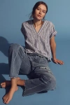 Pilcro Linen Henley Surf Shirt Top In Blue