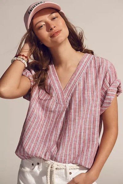 Pilcro Linen Henley Surf Shirt Top In Pink