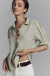 Pilcro Linen Puff-sleeve Blouse In Green