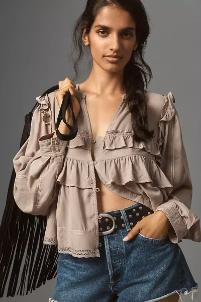 Pilcro Long-sleeve Ruffle Swing Blouse In Brown