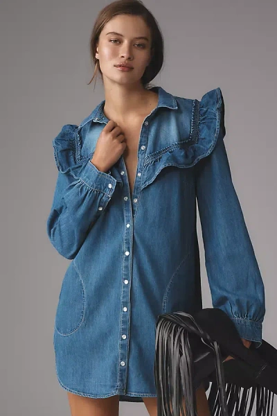 Pilcro Long-sleeve Ruffled Denim Mini Shirt Dress In Blue