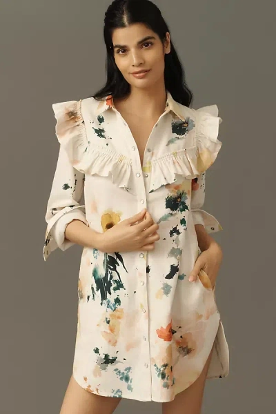 Pilcro Long-sleeve Ruffled Denim Mini Shirt Dress In Multi
