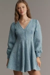Pilcro Long-sleeve V-neck Textured Mini Dress In Blue