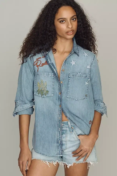 Pilcro Long-sleeve Embroidered Icon Denim Buttondown Shirt In Blue