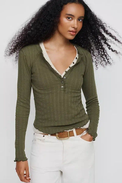 Pilcro Long-sleeve Ruffled Lace-trim Henley Top In Green