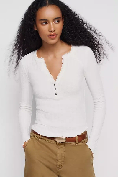 Pilcro Long-sleeve Ruffled Lace-trim Henley Top In White