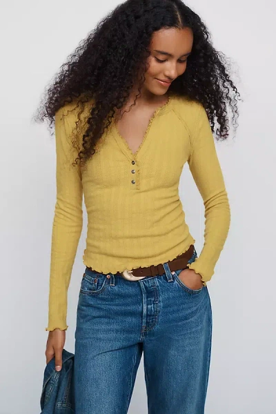 Pilcro Long-sleeve Ruffled Lace-trim Henley Top In Yellow