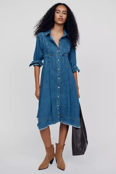 Pilcro Long-sleeve Waisted Midi Shirtdress In Blue