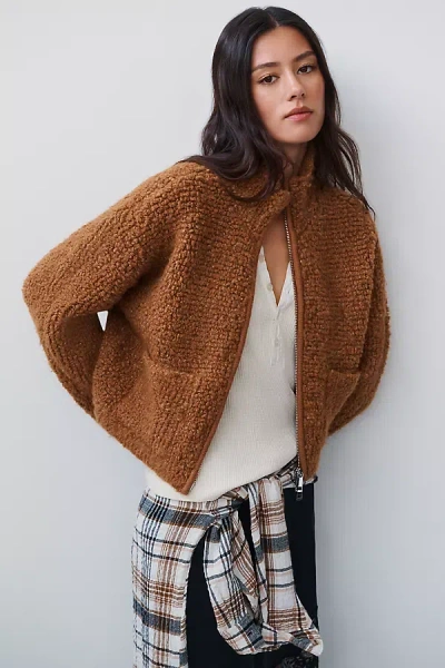 Pilcro Marlow Fleece Zip-front Sweater In Brown