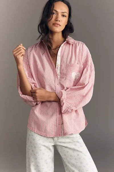 Pilcro Mix-print Long-sleeve Buttondown Shirt In Pink