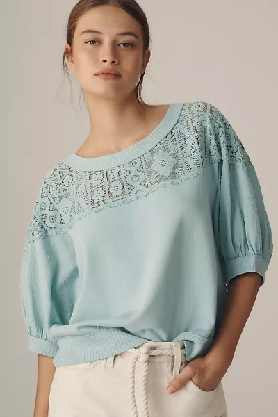 Pilcro Mixed Fabric Crew Neck Elbow Sleeve Top In Blue