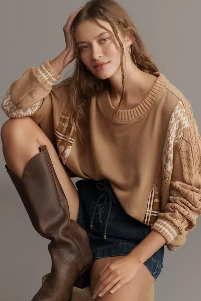 Pilcro Mixed Media Pullover Sweatshirt In Brown