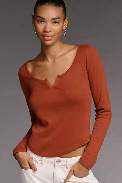 Pilcro Notched Long-sleeve T-shirt Top In Orange
