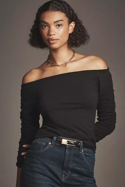 Pilcro Off-the-shoulder Ruched-sleeve Top In Black