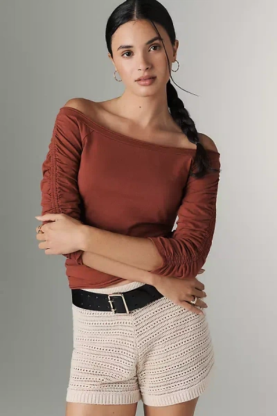 Pilcro Off-the-shoulder Ruched-sleeve Top In Brown