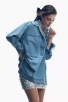 Pilcro Patch Pocket Collared Popover Blouse In Blue