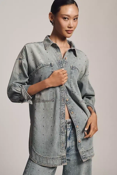 Pilcro Pearled Denim Buttondown Shirt In Blue