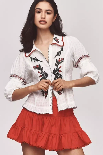Pilcro Puff-sleeve Embroidered Collared Blouse In White