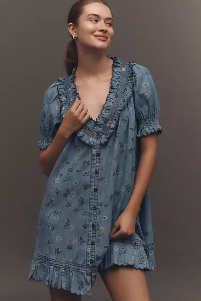 Pilcro Puff-sleeve Ruffled V-neck Swing Mini Dress In Blue