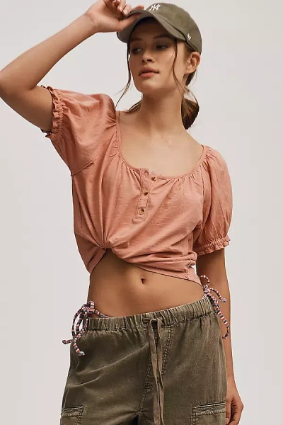 Pilcro Puff-sleeve Scoop-neck Henley Tee In Purple