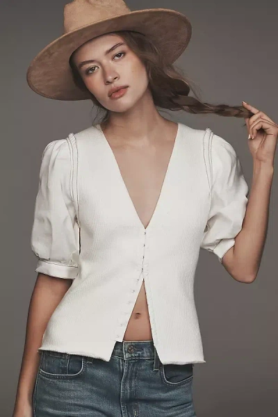 Pilcro Puff-sleeve V-neck Cardigan Sweater In White