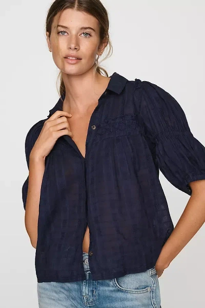 Pilcro Puff-sleeve Swing Blouse In Blue