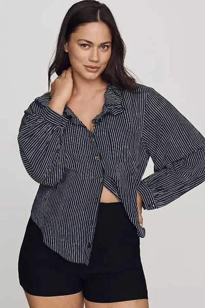 Pilcro Remy Shrunken Ruffle Collar Buttondown Shirt In Blue