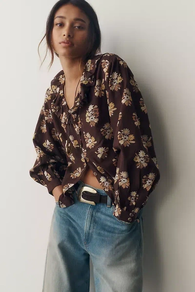 Pilcro Remy Shrunken Ruffle Collar Buttondown Shirt In Brown