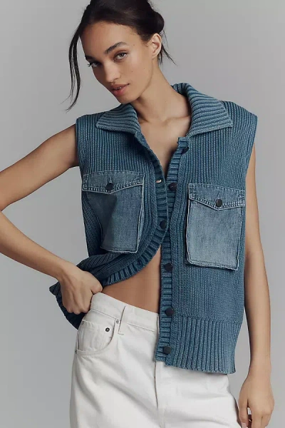 Pilcro Reworked Denim Collared Sweater Vest In Blue