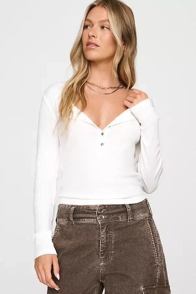 Pilcro Ribbed Long-sleeve Henley Top In White