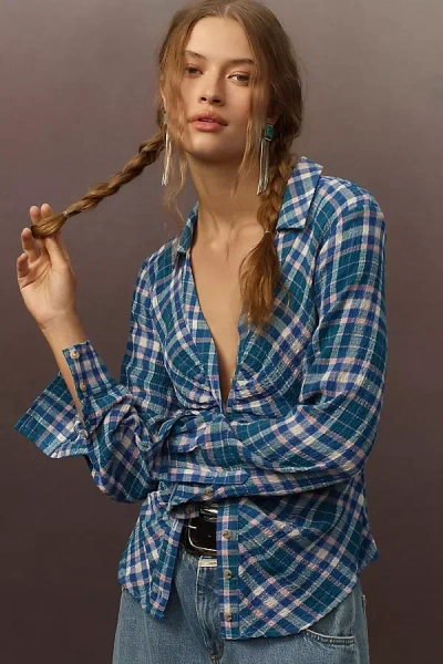 Pilcro Ruched Collared Blouse In Blue