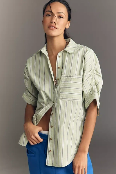Pilcro Ruched Sleeve Buttondown Shirt In Green