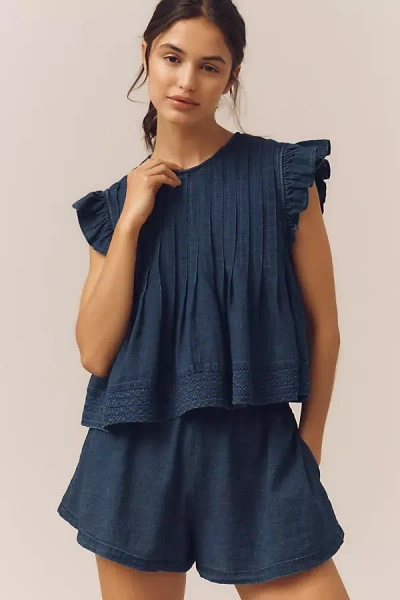 Pilcro Ruffle-sleeve Pleated Denim Swing Top