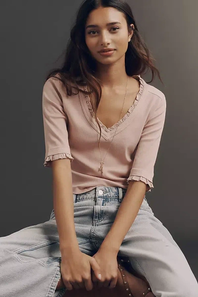 Pilcro Ruffled V-neck Half-sleeve T-shirt Top In Pink