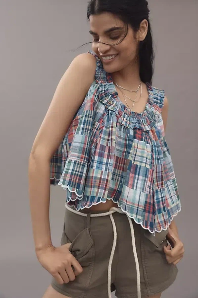 Pilcro Scallop-hem Patchwork Tank Top In Blue