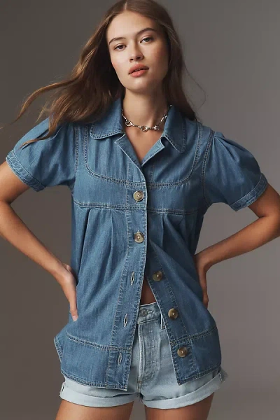 Pilcro Short-sleeve Button-front Babydoll Blouse In Blue